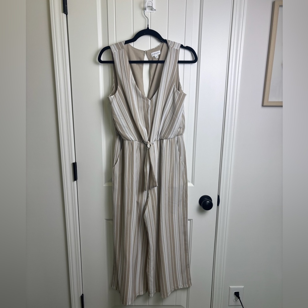 Luxology Beige & White Striped Sleeveless V-Neck Jumpsuit